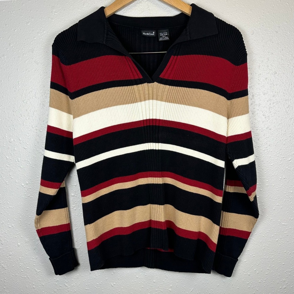 NorthCrest Womens 1X Sweater Neutral Stripes Ribbed Polo Collar Preppy Nautical